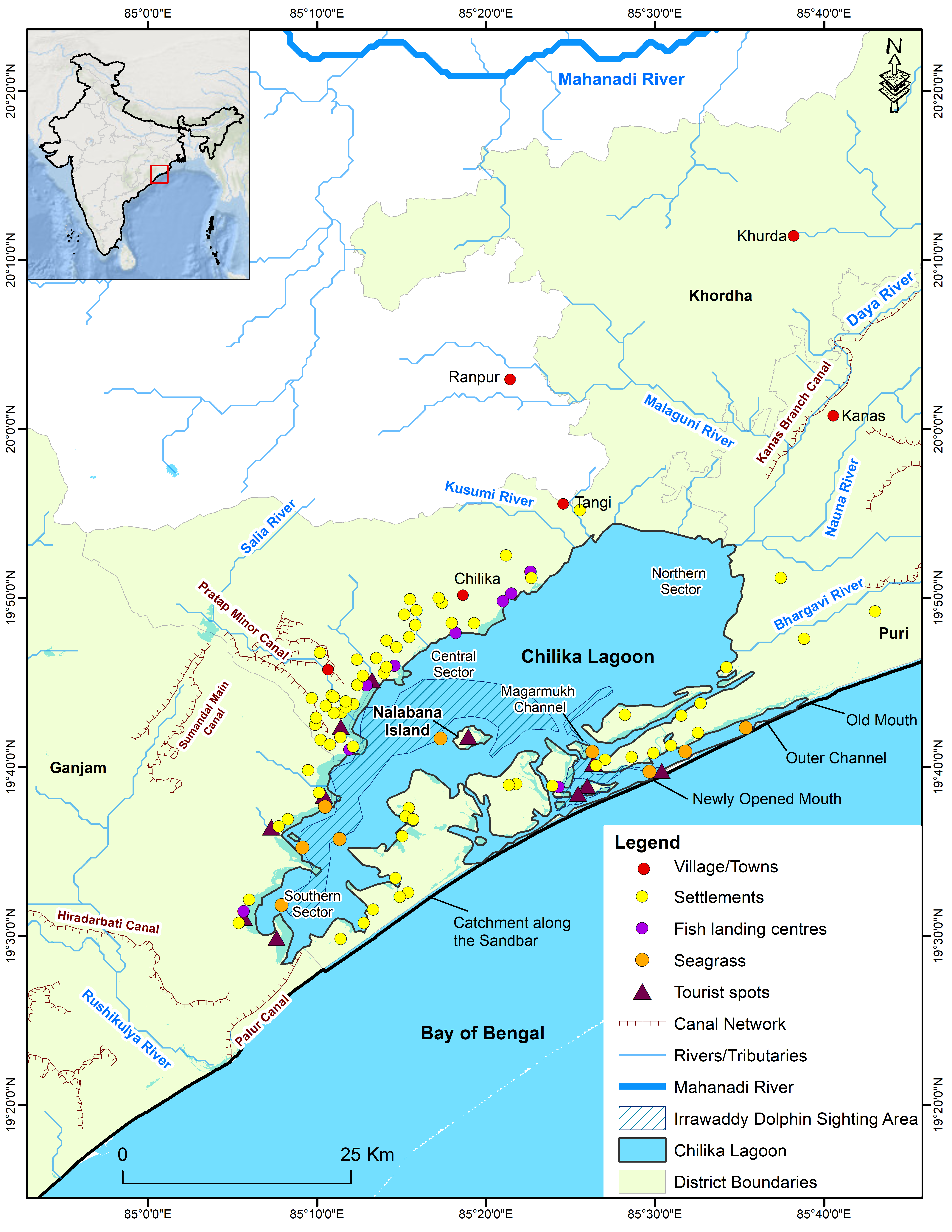 Map of Chilika Lagoon showing its four sectors, the Irrawaddy dolphin sighting area, fish landing centres, seagrass beds and the old and newly opened mouths