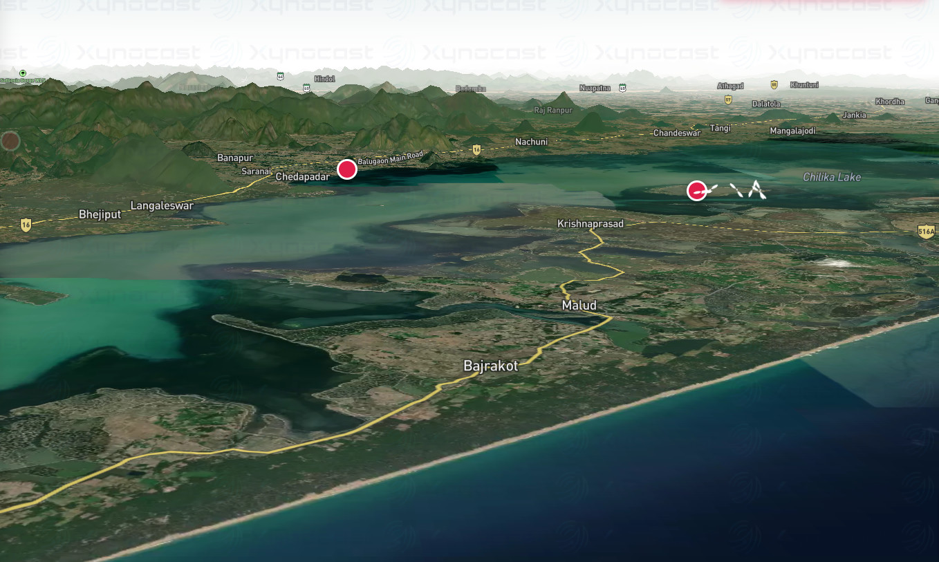 3D terrain view of Chilika Lake with the surrounding hills, barrier island and coastline